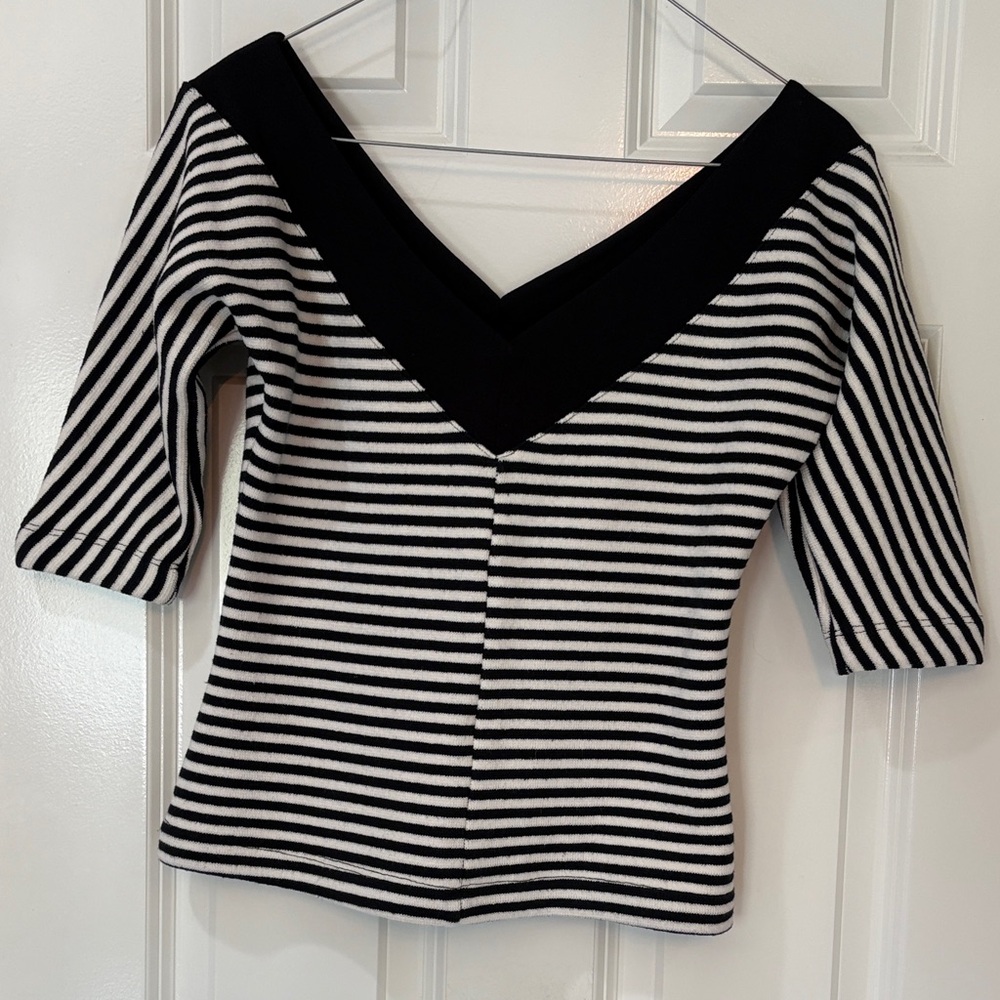 1950s repro Black & White Striped pinup rockabilly top off shoulder Blouse